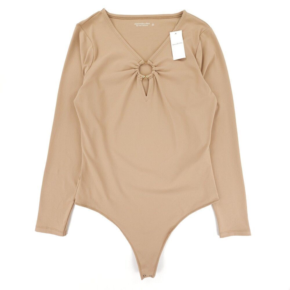 NWT Abercrombie Long Sleeve Seamless Fabric Keyhole Bodysuit Camel Tan 90s Y2k